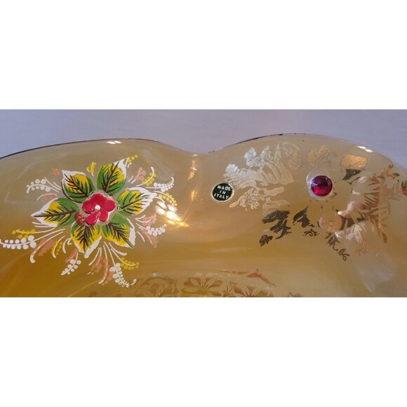VINTAGE GOLD TONE GLASS PEDESTAL BOWL WITH PAINTED FLORAL ACCENT - Picture 4 of 5
